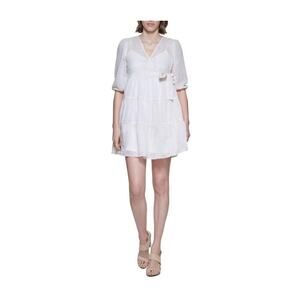 Calvin Klein Women’s Cream and Metallic Gold Faux Wrap Tiered Dress Size 10